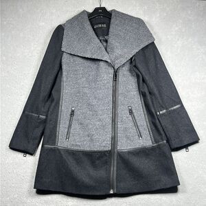 Guess Coat Womens Medium Gray Black Zip Up Shawl Neck Wool Blend Winter